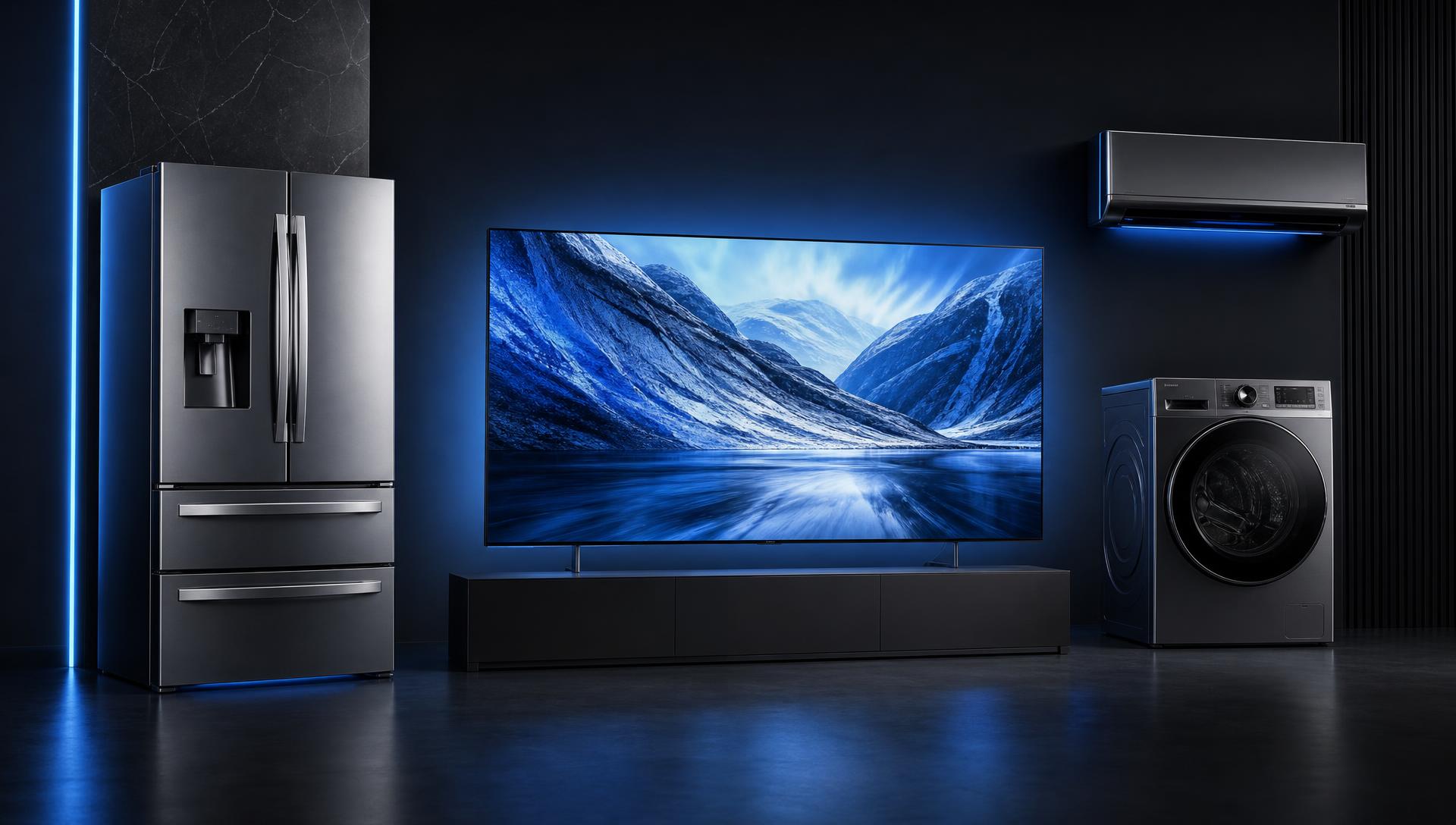 Premium televisions, refrigerators, washers and air conditioners in a showroom lineup