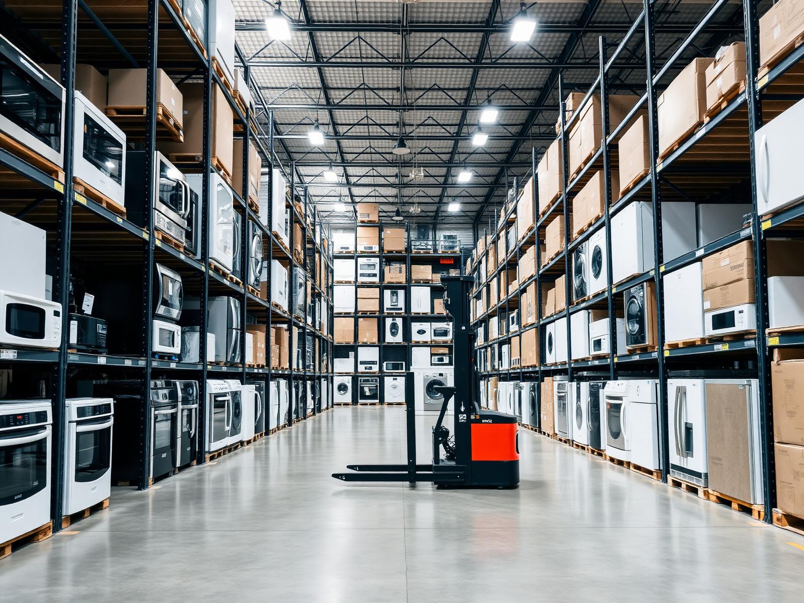 MicoTech distribution warehouse stocked with home appliances